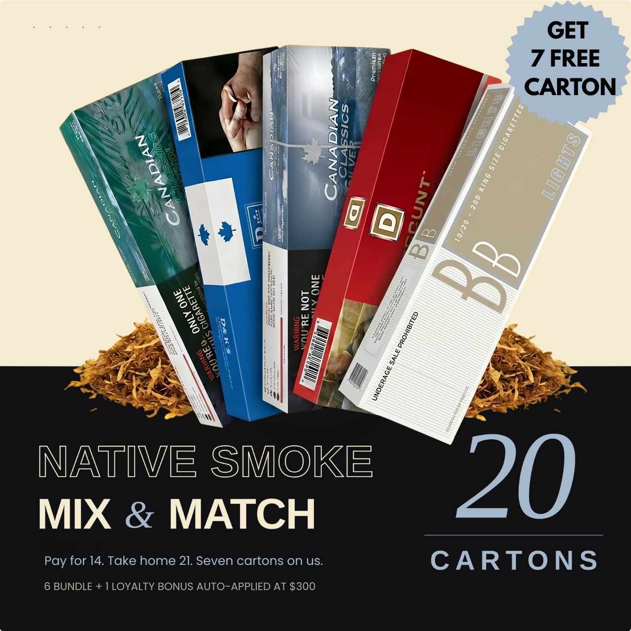 3 Mix & Match 20 Native Smoke cartons reserve bundle — 7 free cartons with loyalty bonus, wholesale Canada