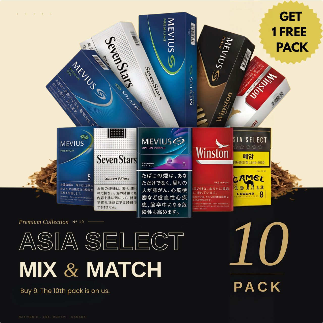 Mix & Match 10 Asia Select packs — Mevius Camel Asian imports, buy 9 get 1 free tasting bundle