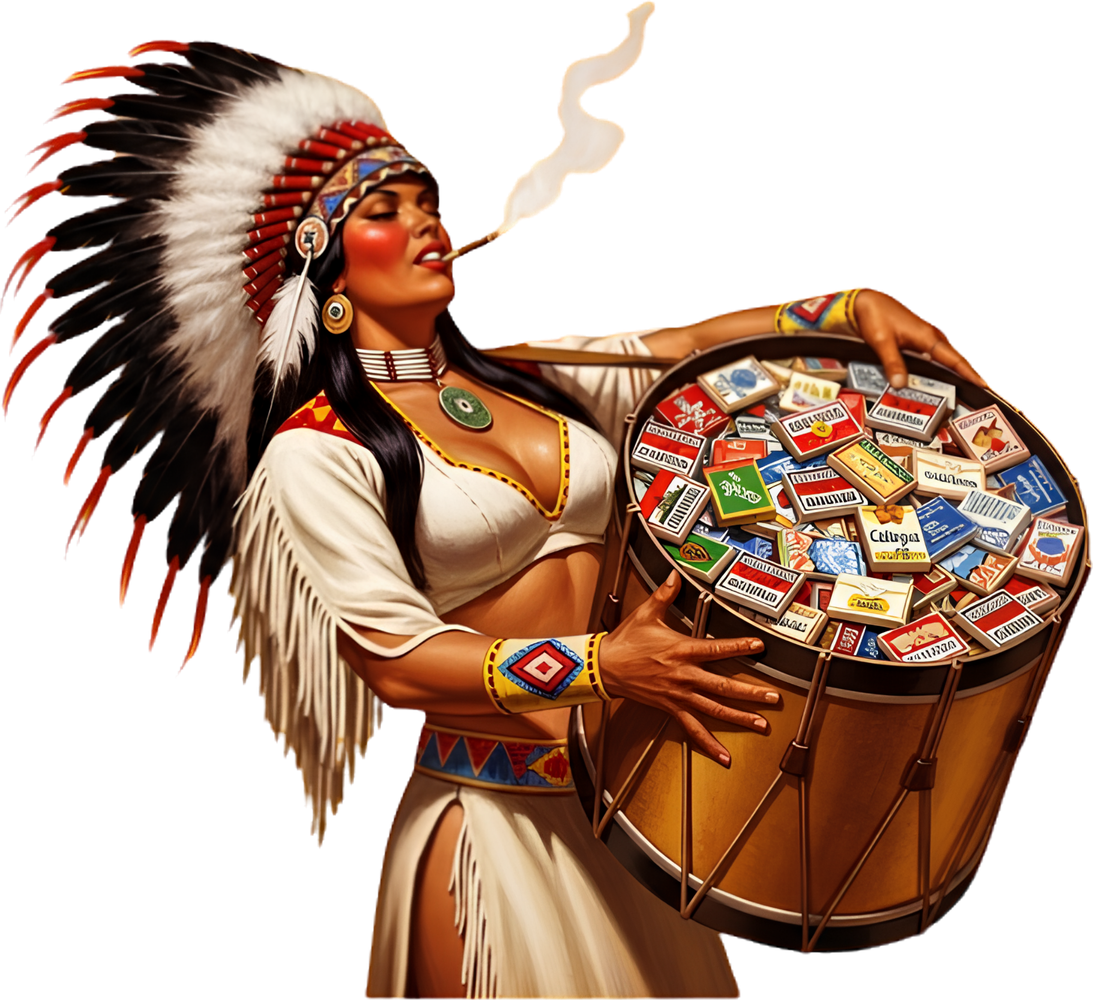 Native woman with a basket of mixed cigarette brands