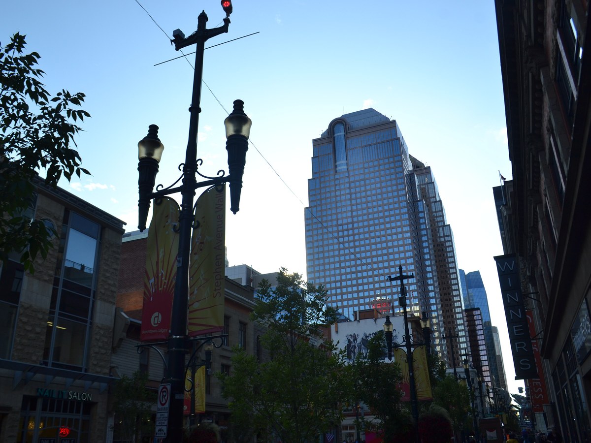 Downtown Calgary skyline with Calgary Tower Bow River and energy-sector head offices