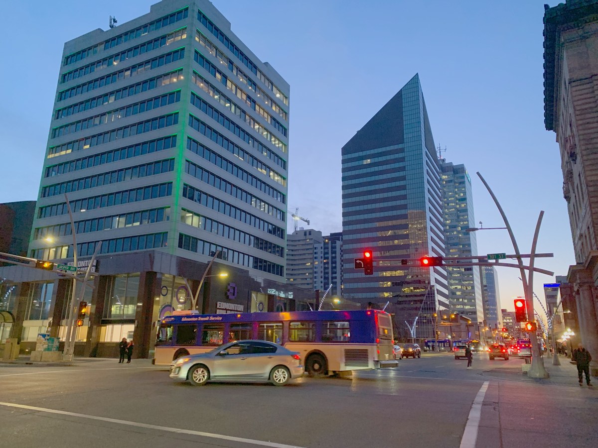 Downtown Edmonton Jasper Avenue with the Alberta Legislature and Rogers Place