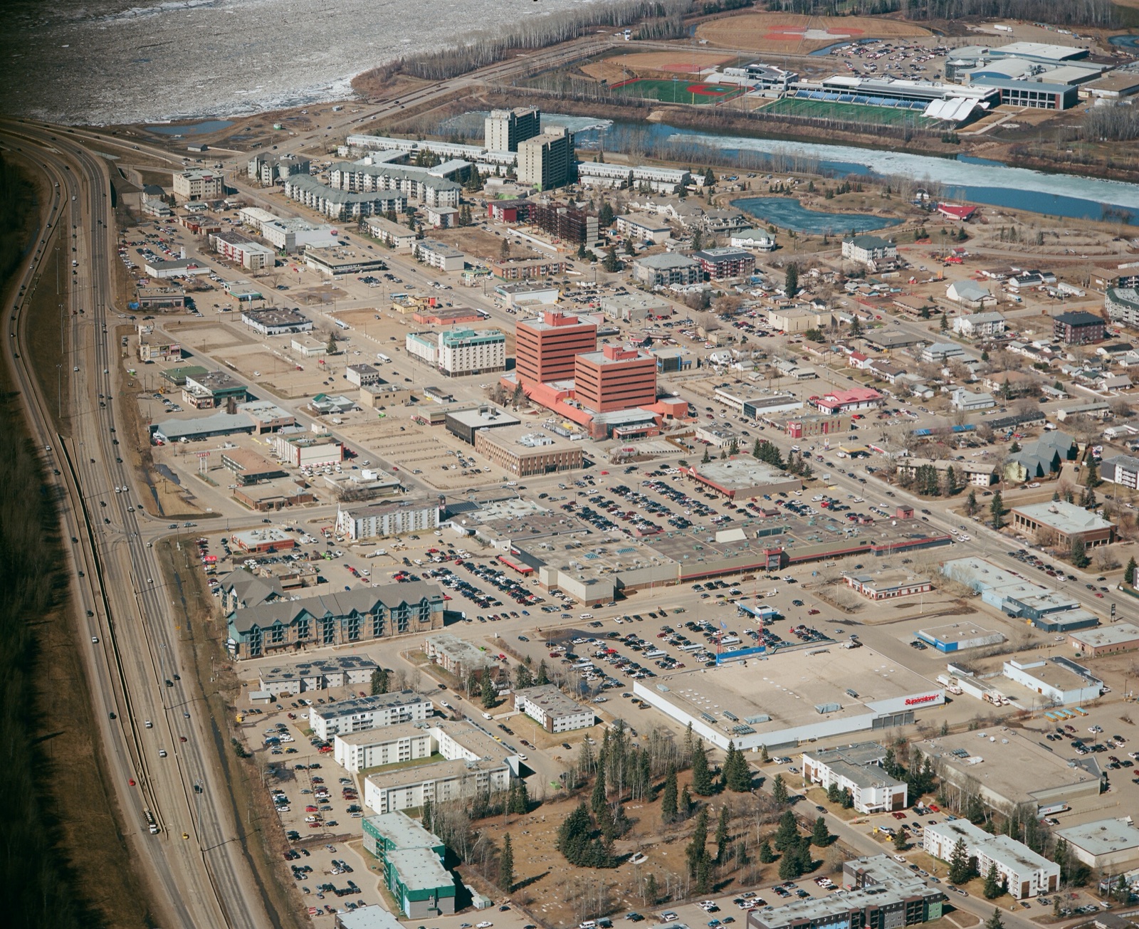 Downtown Fort McMurray Franklin Avenue commercial core in the Athabasca River valley