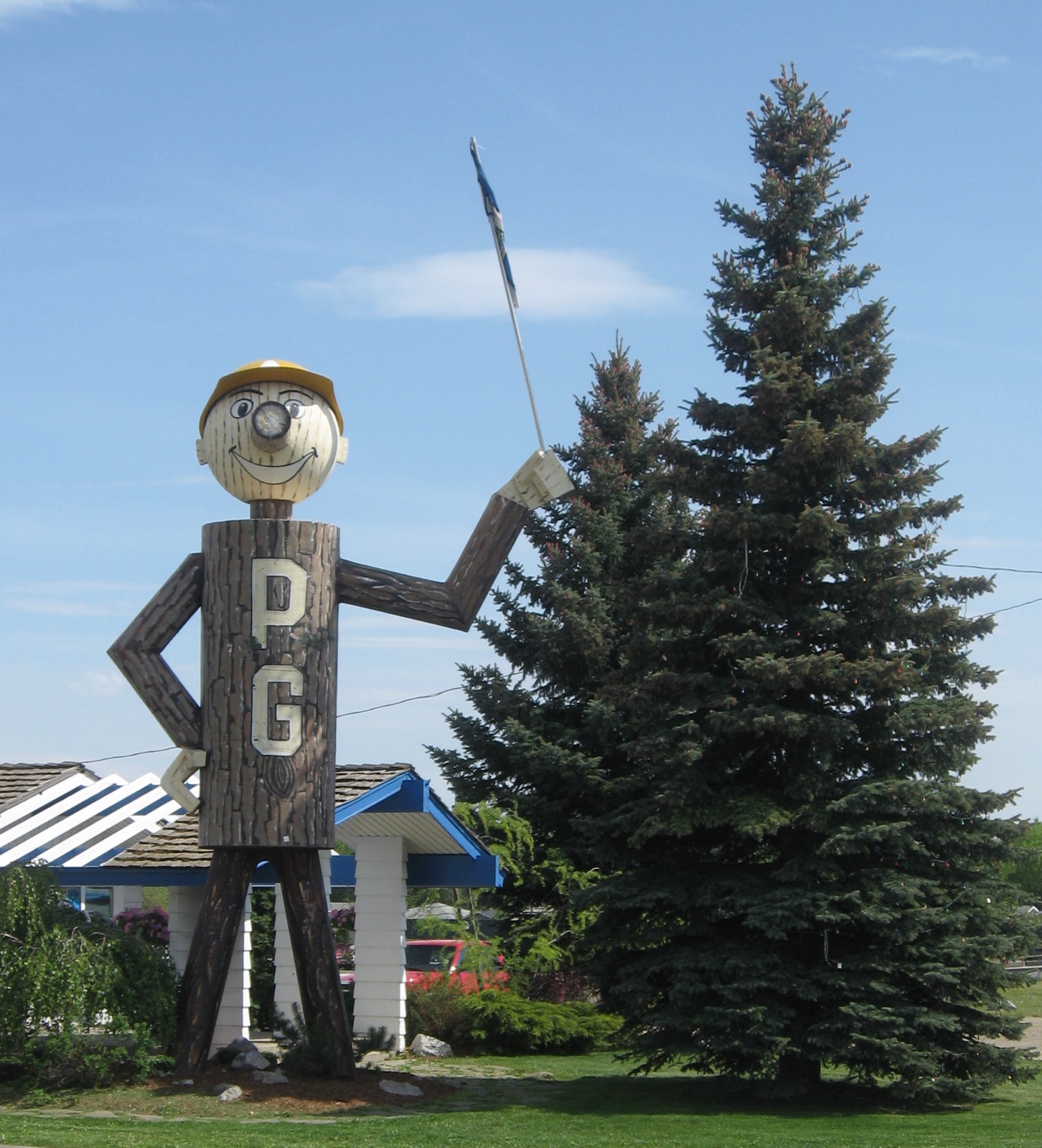 Mr. PG lumberjack mascot at the Highway 97 entrance to downtown Prince George, BC