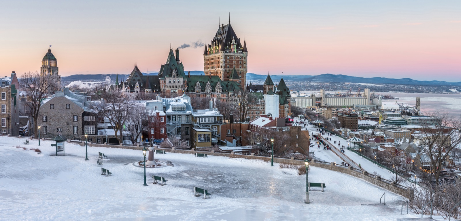 Château Frontenac on the Vieux-Québec promontory after a freezing rain day — UNESCO upper town heritage core in Quebec City