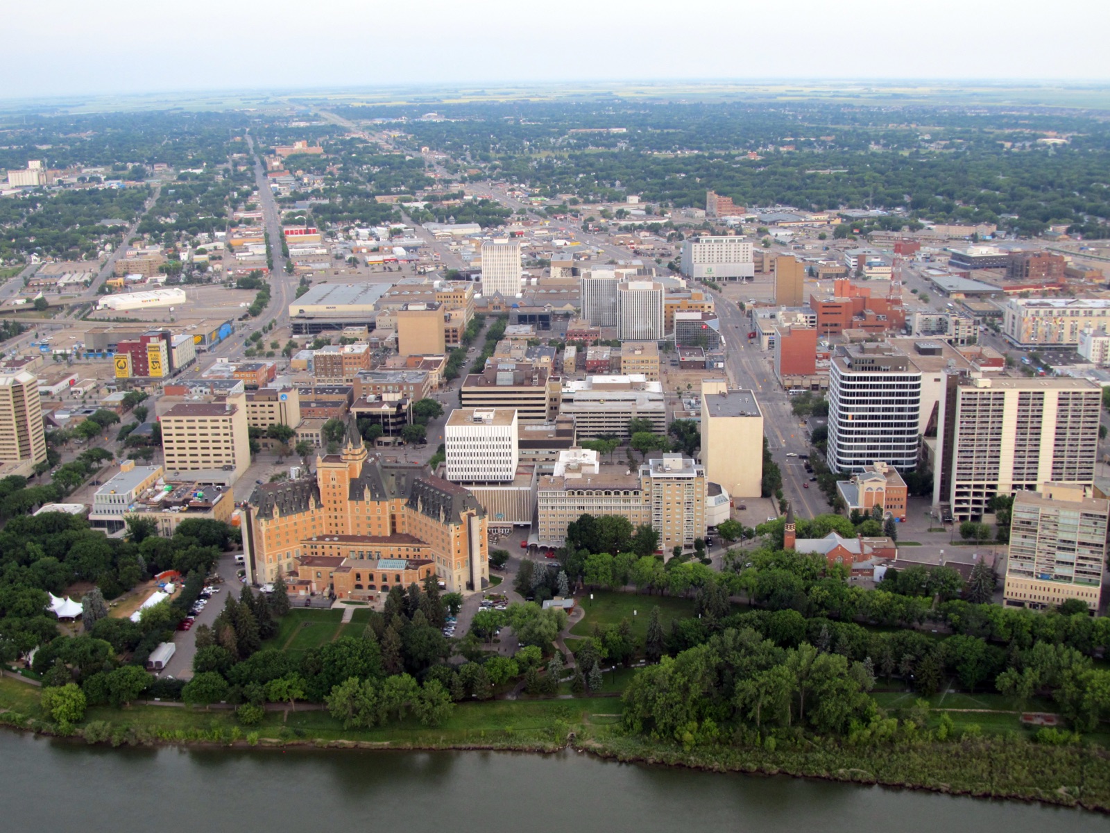 Bessborough Hotel and downtown Saskatoon skyline along the South Saskatchewan River