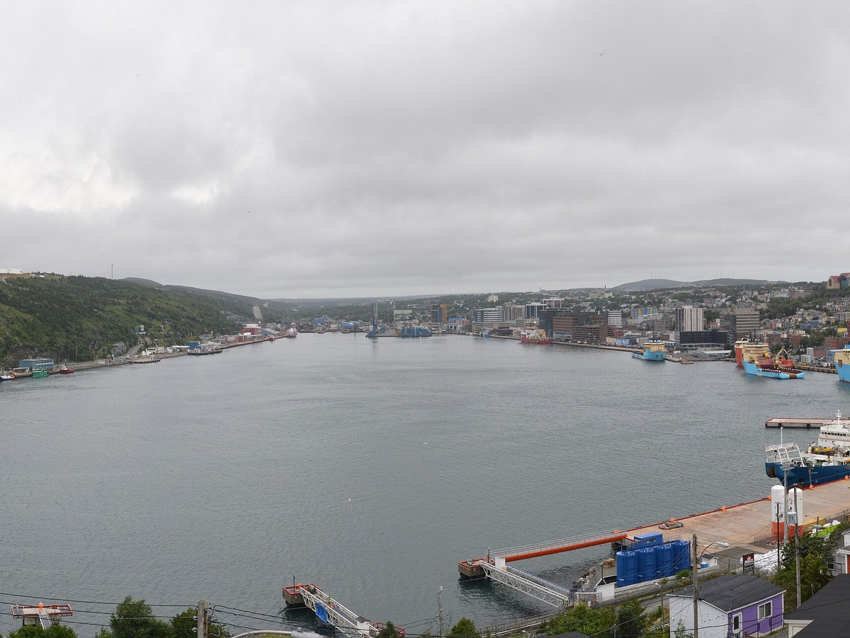 Downtown St. John's Water Street and Duckworth Street with the harbour and the Battery