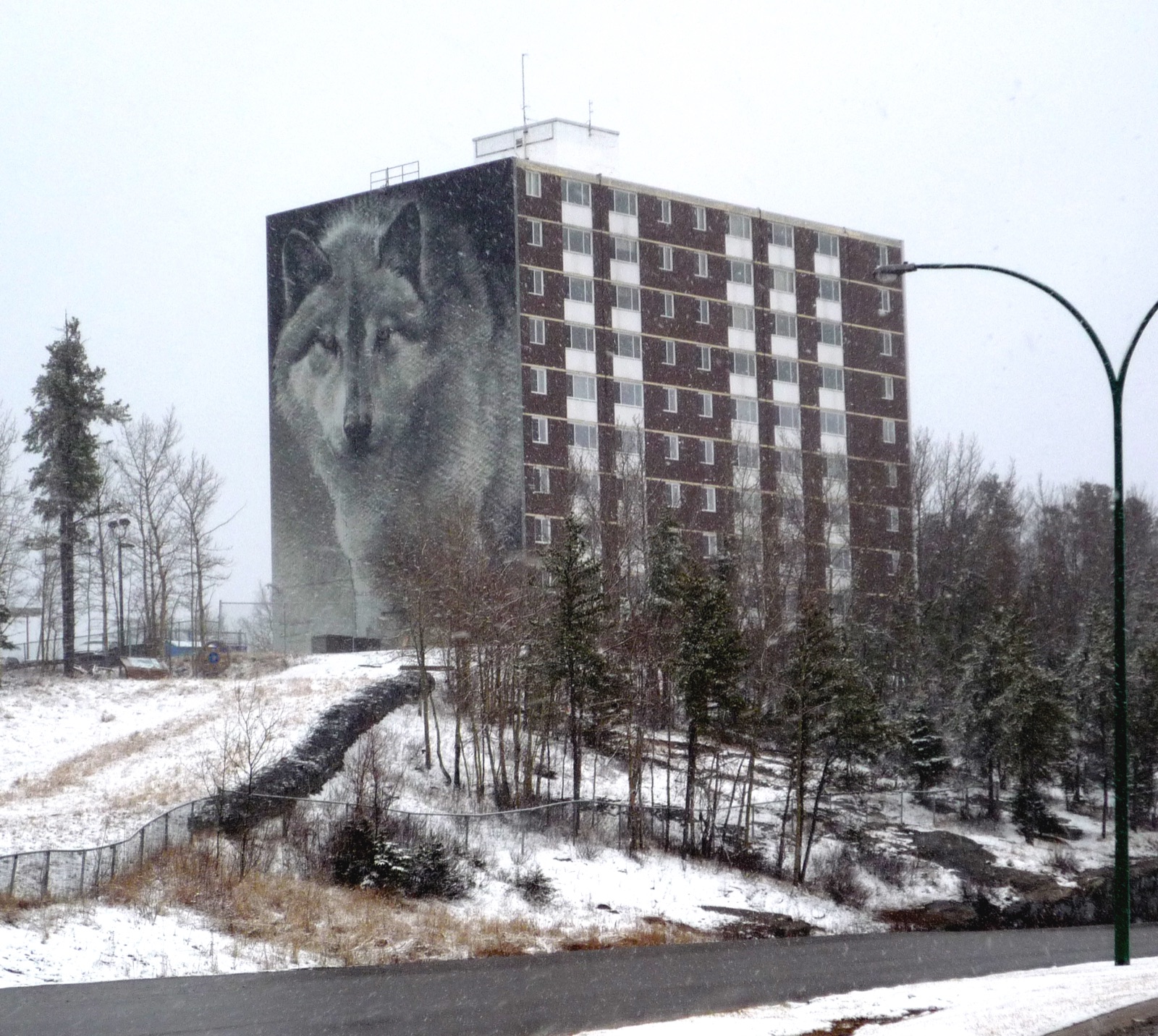 The iconic Wolf Mural at the Highway 391 entrance to Westwood, Thompson — Wolf Capital of the World